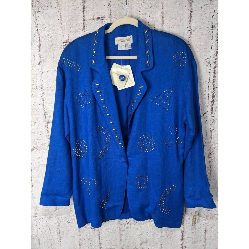 Adam Douglas Adrianna Papell 100% Linen Blazer M Medium Blue Gold Studded NWT